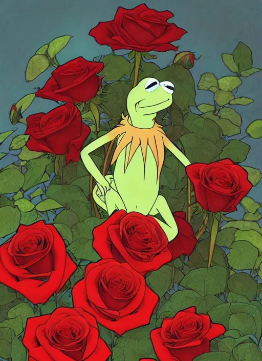 Image similar to kermit posing on a bed colorful red roses, path traced, highly detailed, high quality, digital painting, by studio ghibli and alphonse mucha, leesha hannigan, makoto shinkai, disney