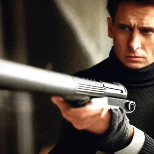 Image similar to A man in a black turtleneck sweater pointing a gun equipped with a silencer at the camera, cinematographic, dark, movie scene, spy movie, investigative film