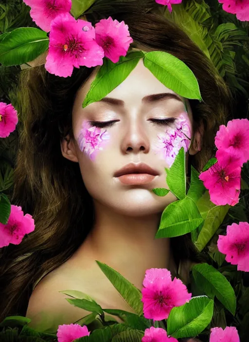 Prompt: a beautiful portrait of a beautiful woman with eyes closed in the jungle surrounded by pink flowers, face paintings, matte painting, fantasy art