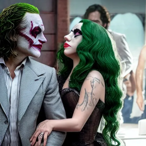 Prompt: ultra realistic candid photograph from joaquin phoenix with lady gaga in new joker movie footage's, intricate details, face details