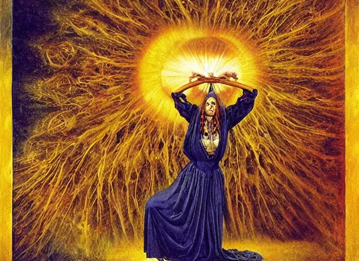 Prompt: a shaman mystic woman spirit holding up the cosmic!! universe, by remedios varo, reflection, symbolist, magic colors, dramatic lighting, smooth, sharp focus, extremely detailed, aesthetically pleasing composition