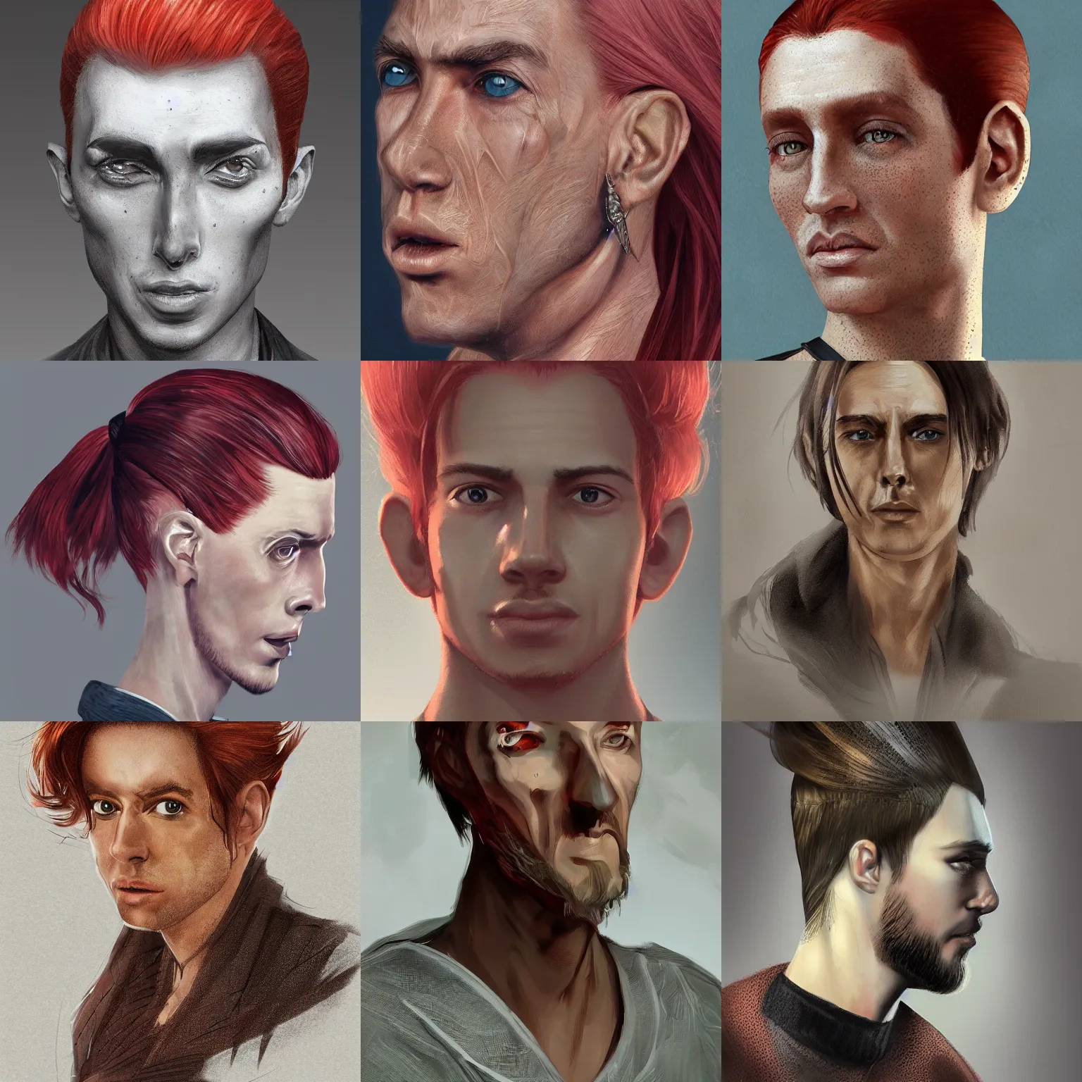 Prompt: portrait of a thin man, red hair, ponytail, freckles, intricate, symetric, highly detailed, digital painting, artstation, sharp focus, illustration
