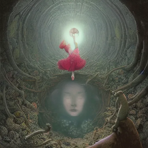 Prompt: girl falling down a rabbit hole into wonderland by by Alexander by Alexander Jansson, Dariusz Zawadzki, Zdzisław Beksiński, Gustave Doré and Greg Rutkowski, Dariusz Zawadzki, Zdzisław Beksiński, Gustave Doré and Greg Rutkowski