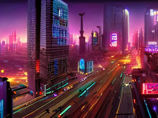 Image similar to a cinematic busy cyberpunk street in a mega city packed with flying vehicles, large mega corp buildings dominate the skyline at dusk by nick hiatt, unreal engine trending on artstation