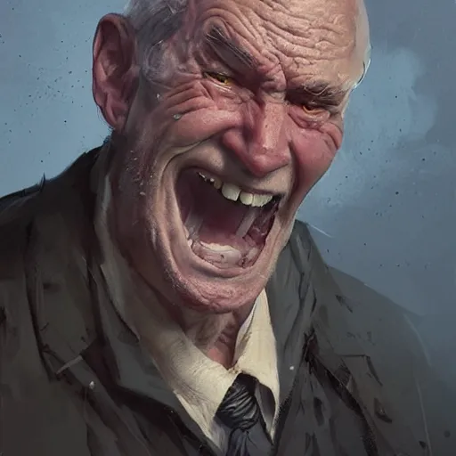 Image similar to old man portrait, grenade in his teeth, greg rutkowski art