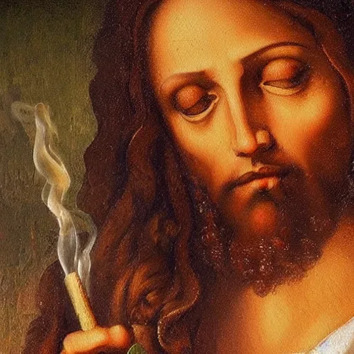 Image similar to an impasto oild painting of jesus smoking a cannabis joint painted by leonadro da vinci, rennaissance painting, high detailed oil painting, masterpiece, artstation