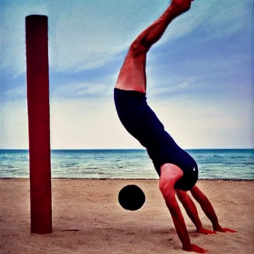 Prompt: benjamin netanyahu doing a headstand at the beach, rich colors, warm, summer