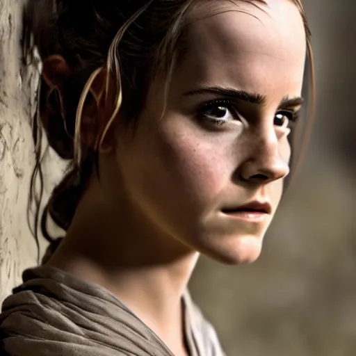 Image similar to Emma Watson modeling as Rey in Star Wars, (EOS 5DS R, ISO100, f/8, 1/125, 84mm, postprocessed, crisp face, facial features, principles of design)