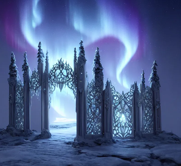 Prompt: a very detailed concept art of intricate and elven white gates to aurora borealis infused with magic, dynamic lighting trending on artstation, symmetry, digital art, 4 k, hyper realistic, octane render, sharp focus