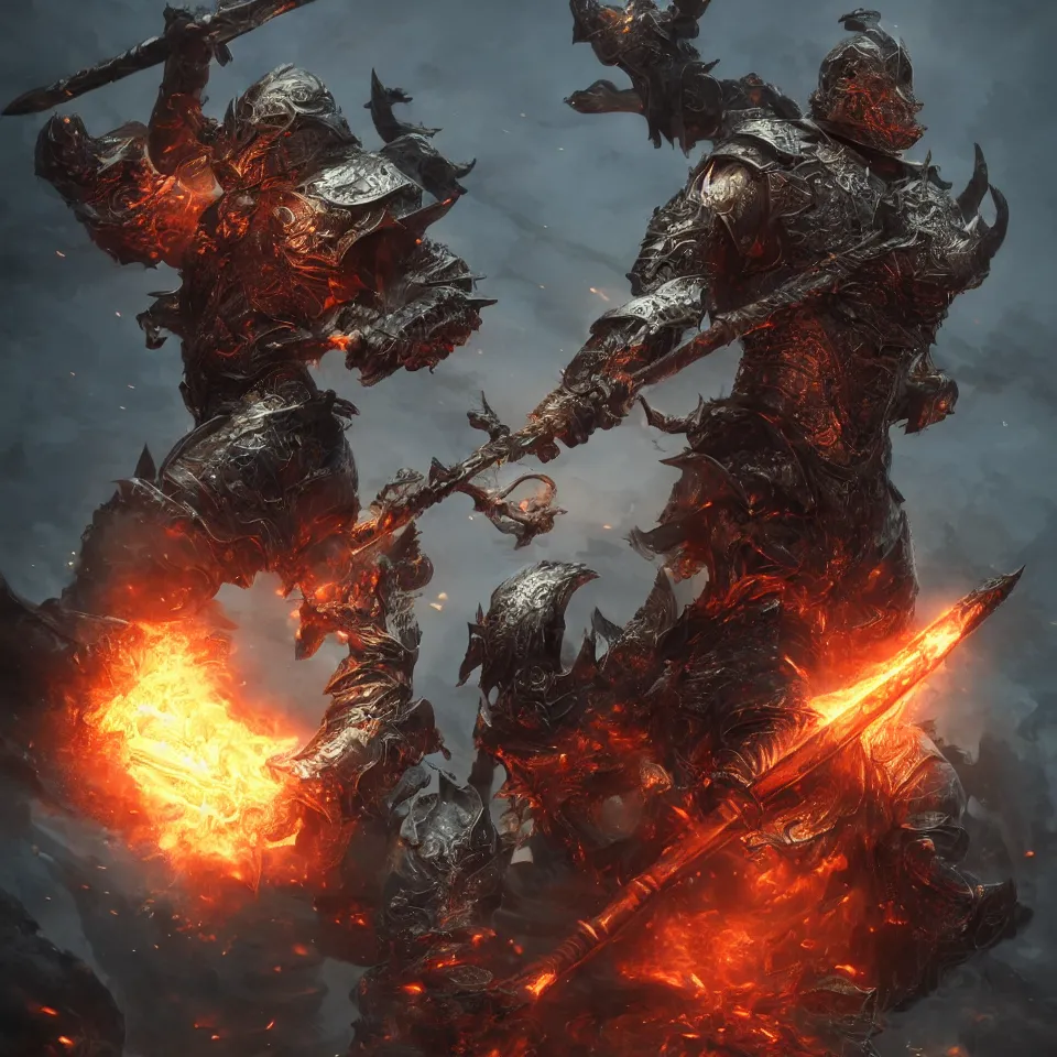 Image similar to photo full-body-shot of ONE brutal Warrior, wearing intricate steel armor, sharp focus, holding magical fiery battle-axe, magical aura, heroic pose, fantasy style, octane render, volumetric lighting, 8k high definition, by greg rutkowski, highly detailed, trending on ArtStation, magical Battlefield background, centered