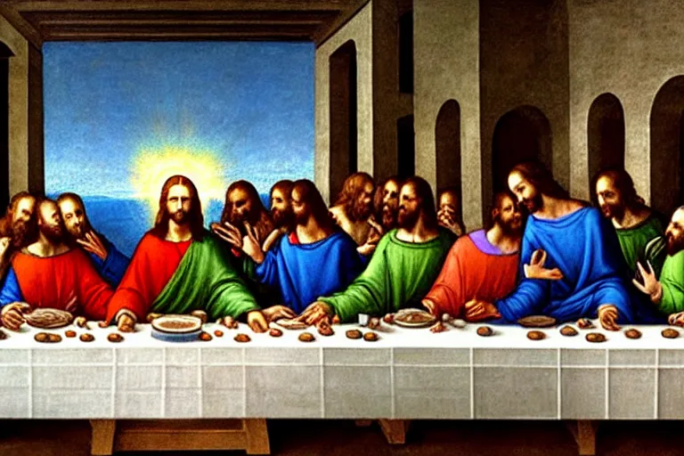 Prompt: jesus christ on a mac during the last supper by leonardo davinci