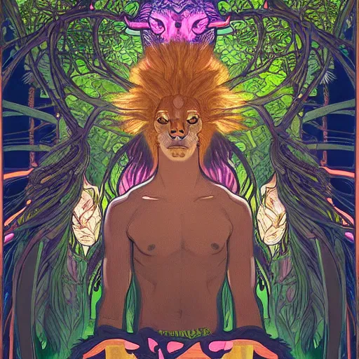 Prompt: portrait of a mythological beast with lion face and bird wings in the middle of a lush forest at night. diffuse neon light, dramatic landscape, fantasy illustration, matte painting by mucha - h 7 0 4