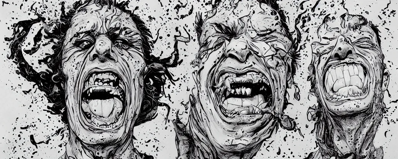 Image similar to portrait of a mad man screaming and laughing with lava bursting from the eyes, black ink stain, by josan gonzales, max prentis,