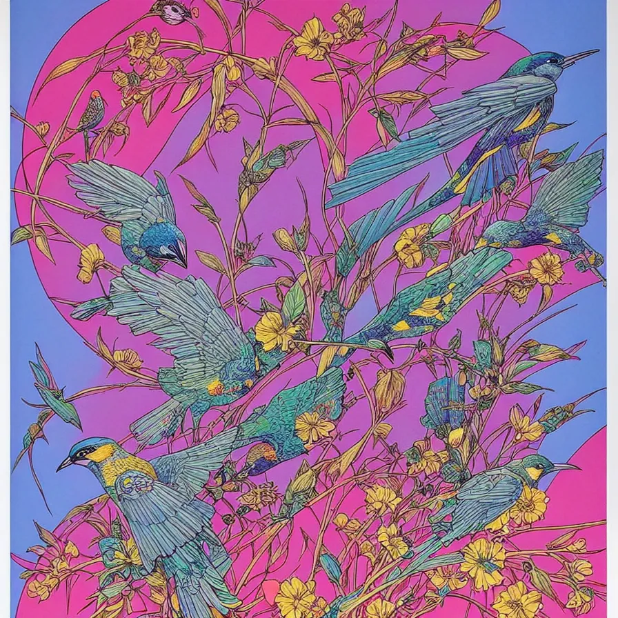 Image similar to ( ( ( ( beautiful flowers and birds, surrounded by decorative frame design ) ) ) ) by mœbius!!!!!!!!!!!!!!!!!!!!!!!!!!!, overdetailed art, colorful, artistic record jacket design