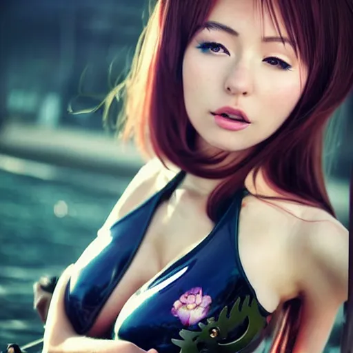 Image similar to a beautiful young japanese hitomi tanaka alluring instagram model in elaborate latex tank top, jrpg tank top made from latex demon faces, by guweiz and wlop and ilya kuvshinov and artgerm and, aesthetic, gorgeous, stunning, alluring, attractive, artstation, deviantart, pinterest, digital art