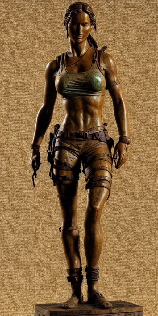 Image similar to detailed photo of an old bronze patina statue of beautiful lara croft, full body portrait, photorealism, various poses, intricate detail, museum diffuse lighting