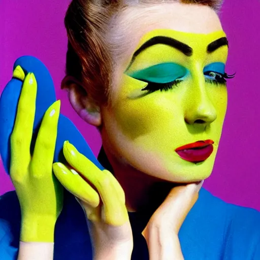 Image similar to a woman with green and yellow makeup holding bananas, a pop art painting by bert stern, trending on behance, pop art, pop art, surrealist, photoillustration