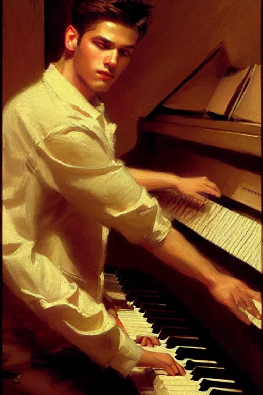 Image similar to attractive male, playing piano, low - key lighting, vaporwave, painting by gaston bussiere, craig mullins, j. c. leyendecker