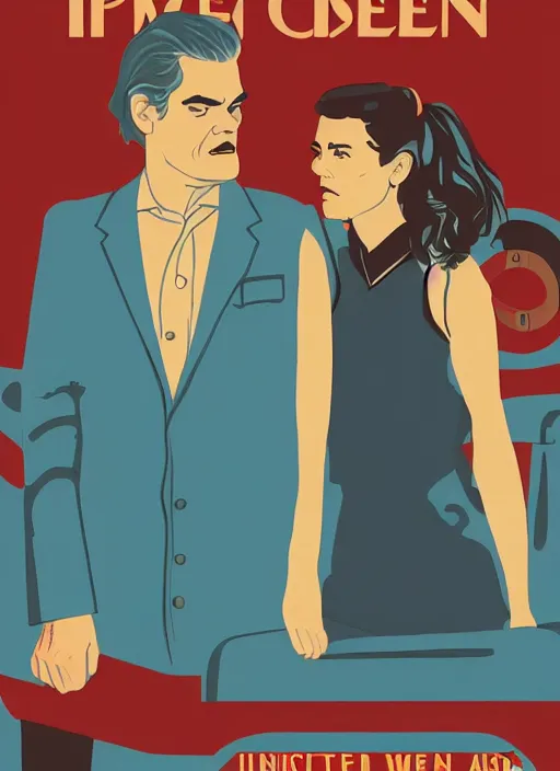 Image similar to Twin Peaks art, of Michael Shannon dressed as mechanic talking to Jennifer Connelly wearing light blue diner waitress dress, poster artwork by Bob Larkin, from scene from Twin Peaks, simple illustration, domestic, nostalgic, from scene from Twin Peaks, clean, New Yorker magazine cover