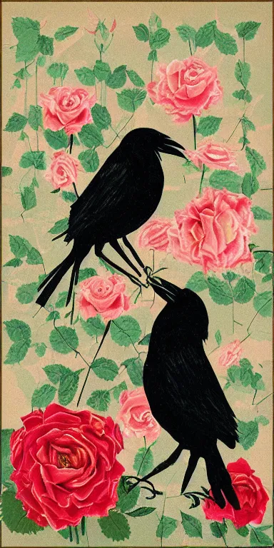 Image similar to crows made out of roses, rose crows, flower crows, crows made of flowers, muted tones, album artwork, expressionist, serene,