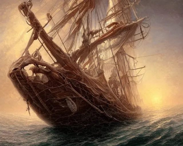 Prompt: death is swallowed up in victory, very detailed and beautiful face, artwork by artgerm, skeletons on a pirate ship, sail made of human skin, wide angle, full body, fantasy, highly detailed, digital painting, artstation, smooth, sharp focus, art by thomas kinkade and william turner and claude joseph vernet