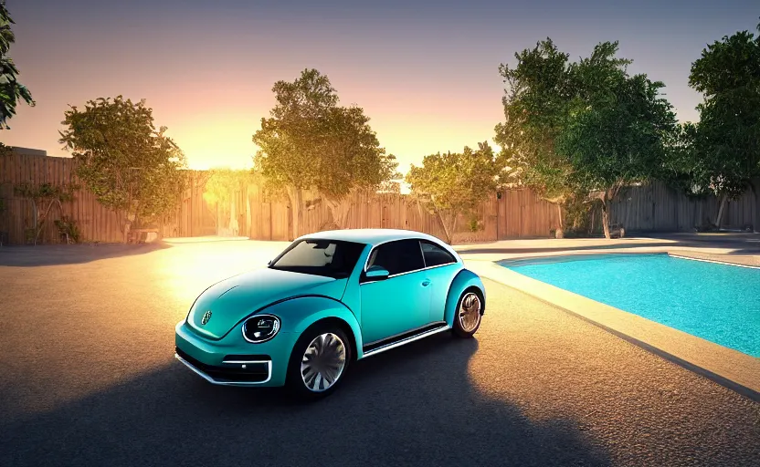 Image similar to a vw beetle parked near a modern small house with a pool at sunrise, concept art, octane render, unreal engine 5, trending on artstation, high quality, highly detailed, 8 k, soft lighting, path traced, godrays, lens flare, hyperrealistic, symmetrical, low contrast, digital art, beautiful, elegant