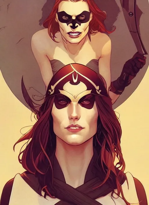 Prompt: Rafeal Albuquerque comic art, Joshua Middleton comic art, pretty female Phoebe Tonkin, pirate, eye patch over one eye, evil smile, symmetrical face, symmetrical eyes, pirate clothing, long wavy brown hair, full body:: sunny weather::