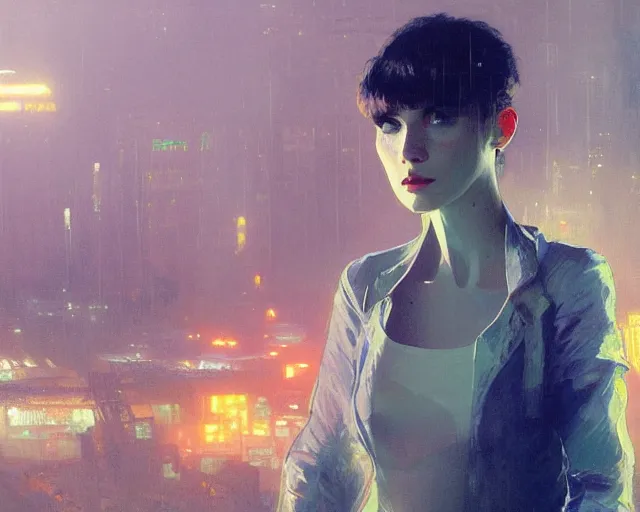 Prompt: 2 0 1 8 blade runner movie still girl look at the cityscape from roof perfect face fine realistic face pretty face reflective polymer suit tight neon puffy jacket blue futuristic sci - fi elegant by denis villeneuve tom anders zorn hans dragan bibin thoma greg rutkowski ismail inceoglu illustrated sand storm alphonse mucha