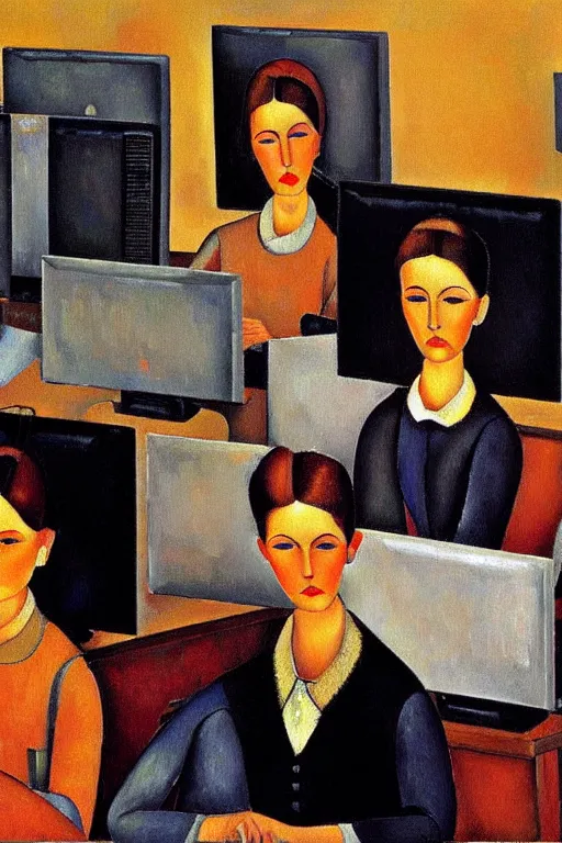 Image similar to oil painting highly detailed computer workers in office painted by amadeo modigliani