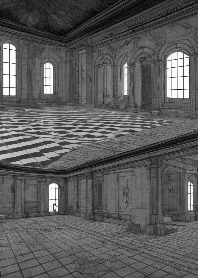 Prompt: interior of a masonic temple, black and white checkered floor, concept art, detailed, 4k, artstation