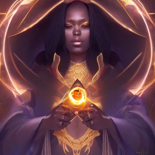 Image similar to mage, dynamic pose full body, left hand holding a fractal golden fireball spell , flowing robes, black and golden cloak, black skin gorgeous, octane render, rule of thirds, golden ratio, Peter Mohrbacher