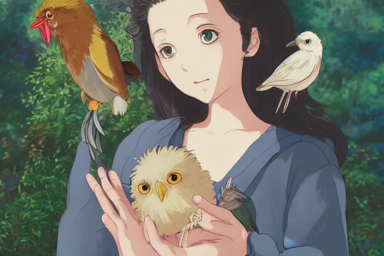 Image similar to young pretty girl holding a bird in her hands, looking touched, Fragile looking character portrait , beautiful scene; highly detailed art, by Studio Ghibli , High contrast, anime art