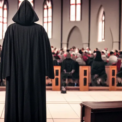 Image similar to emperor palpatine preaching to people at church, 8k cinematic lighting, very sharp detail, anatomically correct