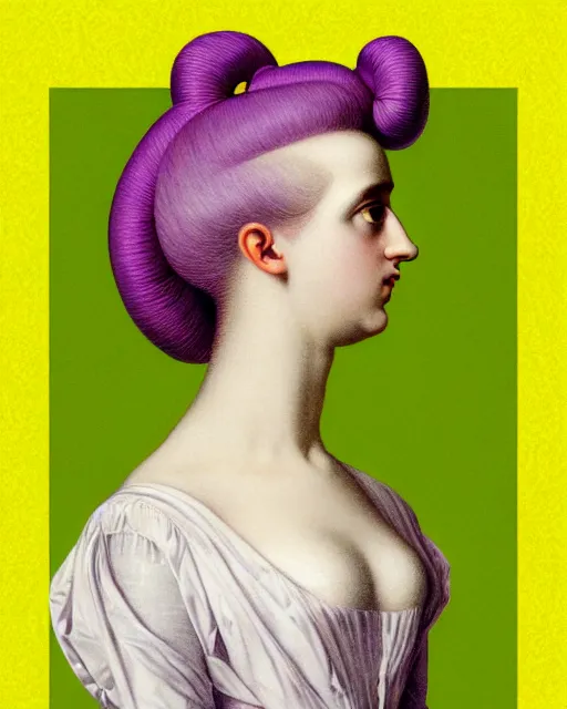 Image similar to photo-realistic portrait of a young pale woman with lilac hair buns, wearing a neon yellow dress by Vivienne Westwood, intricate details, cyberpunk, super-flat, in the style of Jean Auguste Dominique Ingres, black background