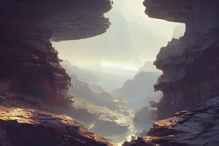 Image similar to a busy science - fiction base hidden in a canyon, river, morning, james paick, artstation