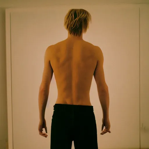 Image similar to kodak portra 4 0 0 photograph of a skinny blonde guy standing in cluttered 9 0 s bedroom, back view, moody lighting, telephoto, 9 0 s vibe, blurry background, vaporwave colors, golden ratio, faded!,