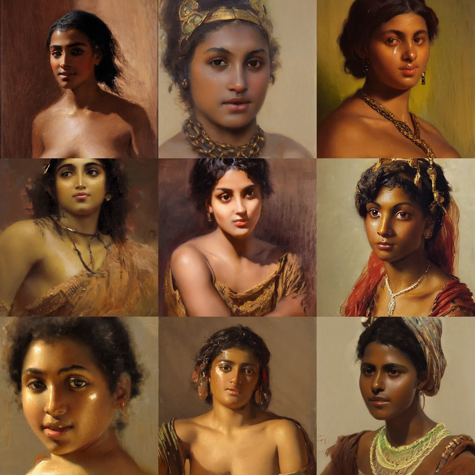 Prompt: cute north african dark - skinned young woman with short natural hair orientalism face detail by theodore ralli and nasreddine dinet and anders zorn and edwin longsden long, bronze age, sword and sorcery, oil on canvas, masterful intricate artwork, excellent lighting, high detail 8 k