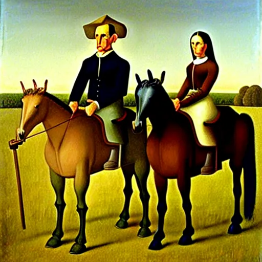 Image similar to an original painting of american gothic replaced with horses, a couple riding a horse, by grant wood