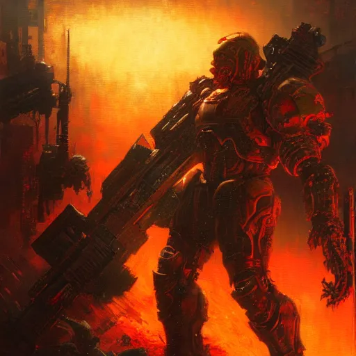 Prompt: A neon Doom Slayer, rip and tear until it is done, by gaston bussiere, craig mullins, Simon Bisley