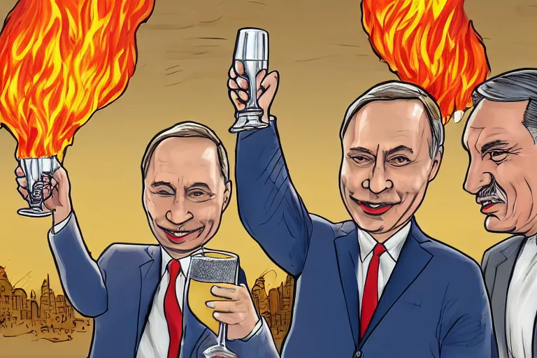 Image similar to viktor orban winking and drinking champagne with putin in front a burning city, line art