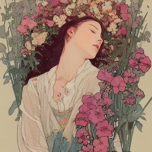 Image similar to a beautiful intricate watercolor illustration of a sleeping girl with flowers,, 4 k, ultra - wide angle, by william turner, by victo ngai, by alphonse mucha, by miho hirano, by moebius, hd, trending on artstation, hyper detailed, muted intense colors