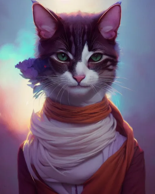 Image similar to highly detailed vfx portrait of a cute cat, unreal engine, greg rutkowski, loish, rhads, beeple, makoto shinkai and lois van baarle, ilya kuvshinov, rossdraws, tom bagshaw, alphonse mucha, global illumination, detailed and intricate environment