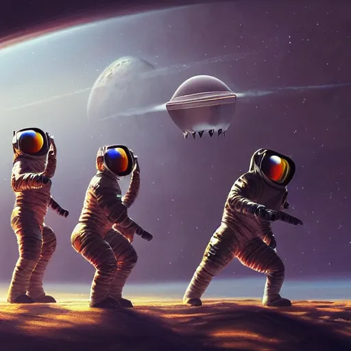 Prompt: stunning painting of spaceship accident, on the moon, crew performing haka dance, drinking tea, ultra detailed, cinematic rendered, sharp focus, sarcastic, humor, fantastic by concept art, masterpiece, 8 k hd resolution, artstation