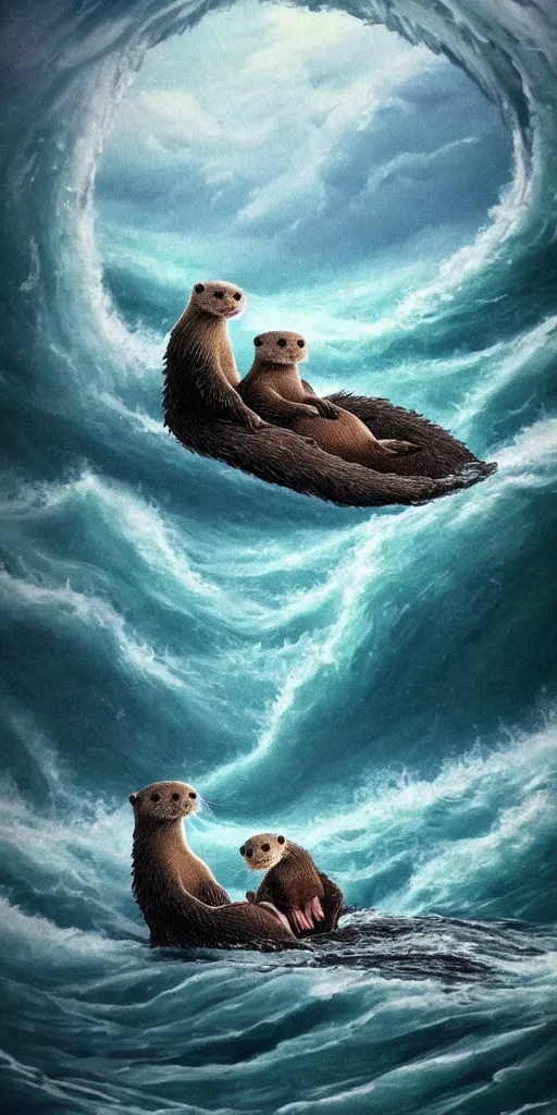 Image similar to An adorable Otter saving his wife from the whirlpool, in love holding hands side by side, in the middle of a super scary storm at sea, thunder, lightning, waves, fantasy illustration, cinematic, award winning, romantic, detailed trending on artstation, masterpiece