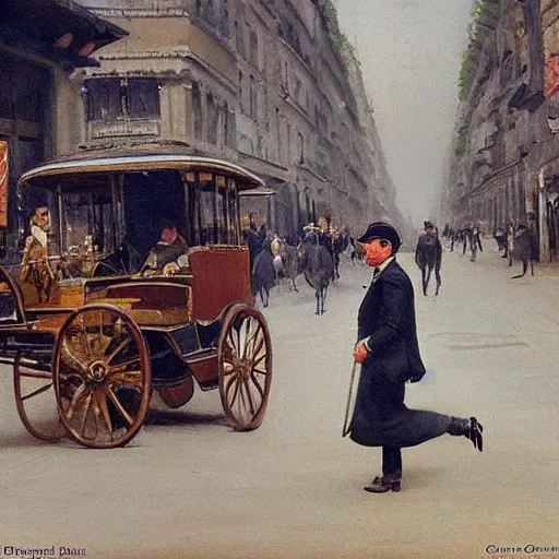 Prompt: artist ewan mcgregor is walking in early 2 0 th century paris. he is a gentleman and wears a bowler hat, horses, horse carts, horse cartridges on streets, walking ladies and gentlemen an early car prototype, early 2 0 th century tram, by d'edouard cortes