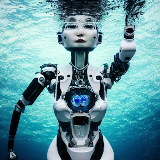 Image similar to beautiful centered fine art photo portrait of hoyeon jung as a solarpunk robotic humanoid treading above water, white mechanical parts with led lights, ultra - detailed and intricate, white background, sun lighting, soft focus, slow exposure hdr 8 k