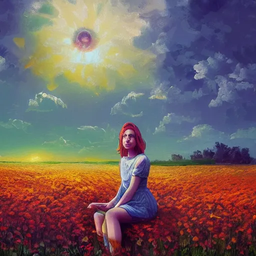 Prompt: giant daisies flower as head, girl sitting in a flower field, surreal photography, sunrise, dramatic light, impressionist painting, colorful clouds, digital painting, artstation, simon stalenhag