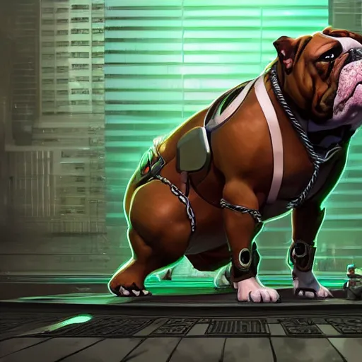 Image similar to « a cartoon cyborg bulldog sitting down, cyberpunk digital art by greg rutkowsky, cgsociety, 2 d art, cartoon, future tech, sketchfab »