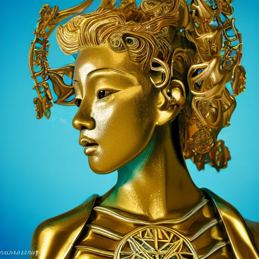 Prompt: romantistic portrait, painting, teal chinese abstract statue shattered standing in god rays, beautiful female body and golden glue dripping acrylic portrait, mechanical superstructure, sacred geometry, supermodel body, beautiful light, statue of carving marble, intricate 8 k render, dark mood, cinematic light, golden spirals, clockwork