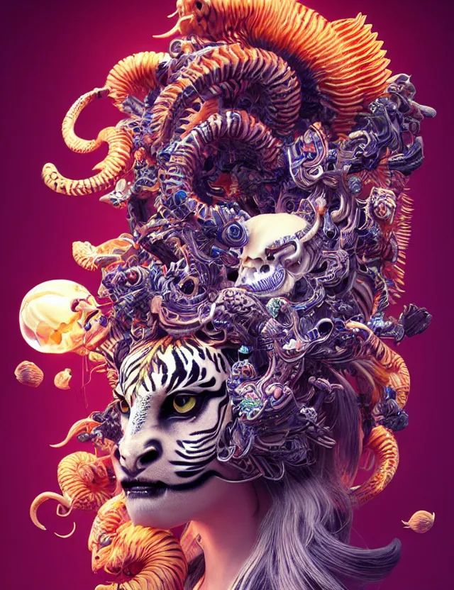 Image similar to 3 d goddess tiger skull half - turn portrait with long hair with ram skull. beautiful intricately detailed japanese crow kitsune mask and clasical japanese kimono. betta fish, jellyfish phoenix, bio luminescent, plasma, ice, water, wind, creature, artwork by tooth wu and wlop and beeple and greg rutkowski